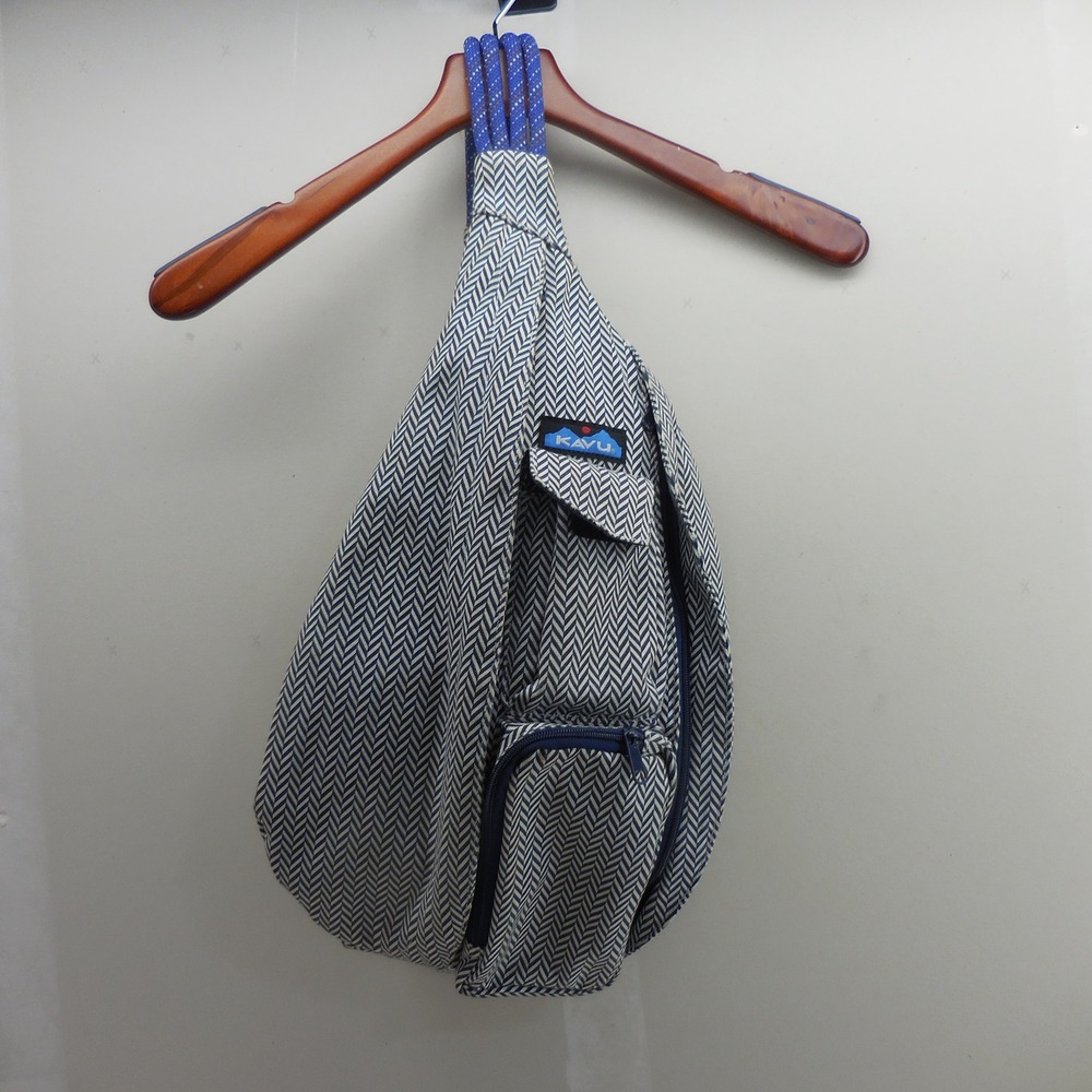 KAVU Rope Bag Blue White Herringbone Canvas Sling Backpack Crossbody Bag